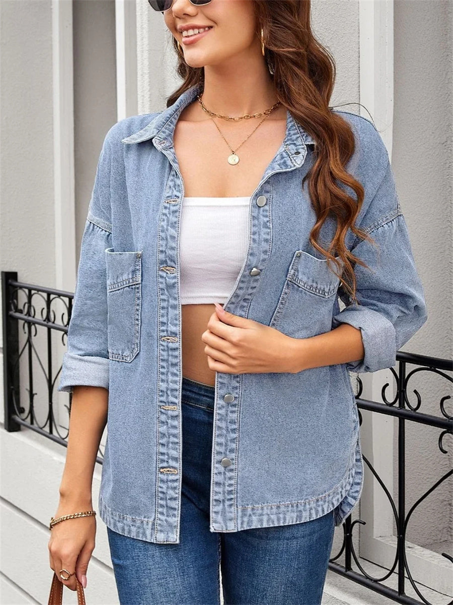 Women's Casual Drop Shoulder Buttons Collared Pockets Denim Blouse