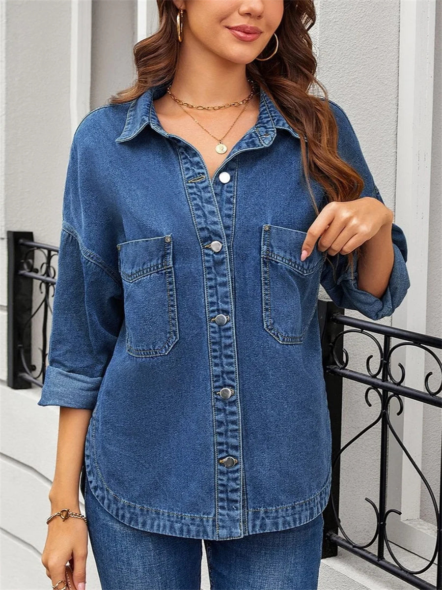 Women's Casual Drop Shoulder Buttons Collared Pockets Denim Blouse