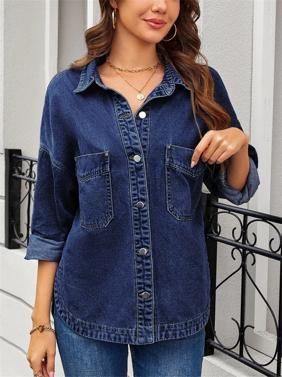 Women's Casual Drop Shoulder Buttons Collared Pockets Denim Blouse