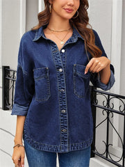 Women's Casual Drop Shoulder Buttons Collared Pockets Denim Blouse