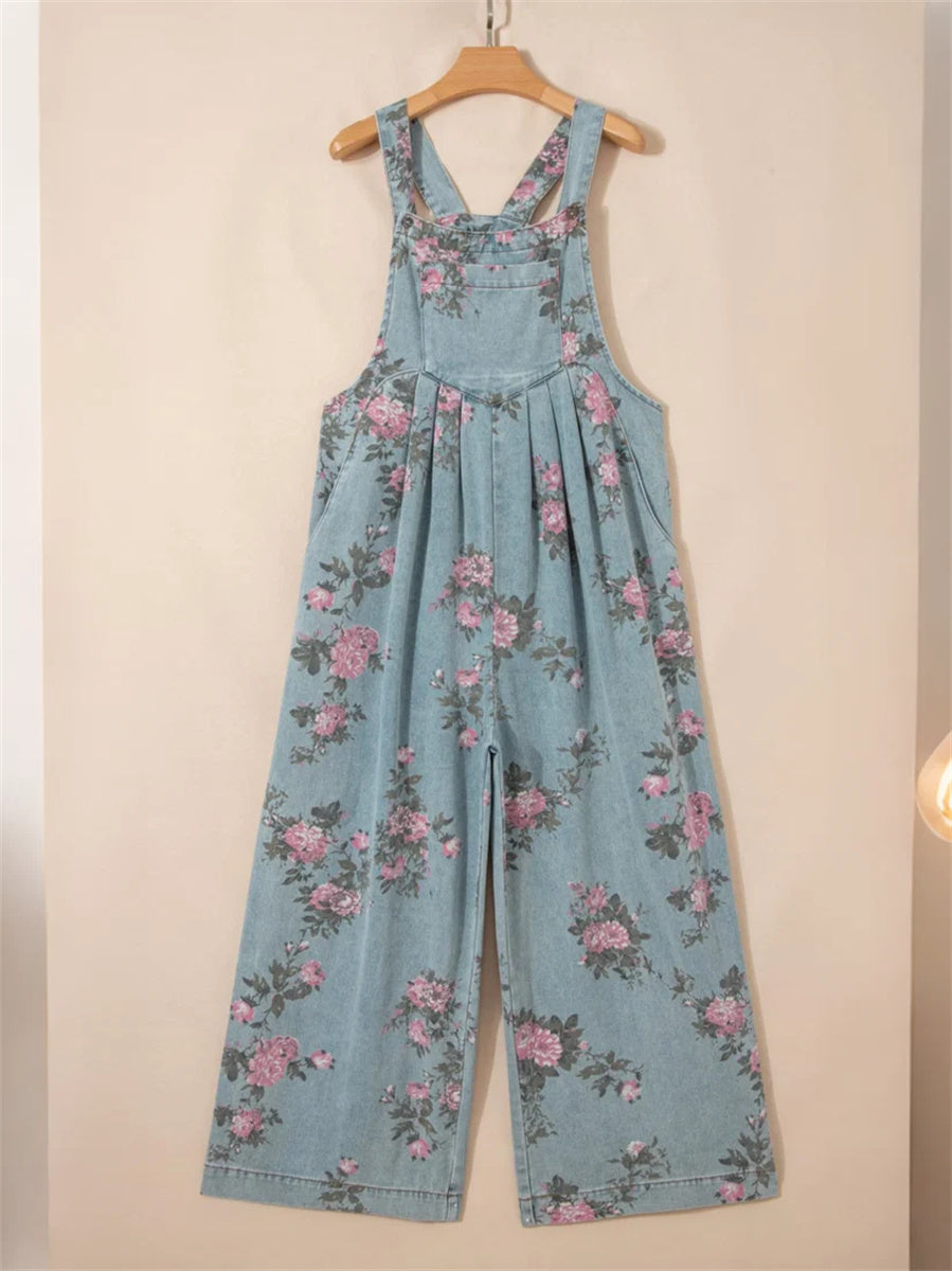 Women's Vintage Floral Denim Wide Leg Jumpsuit