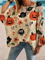 Women's Halloween Long Sleeve Pumpkin Bat Hollow out Knit Top