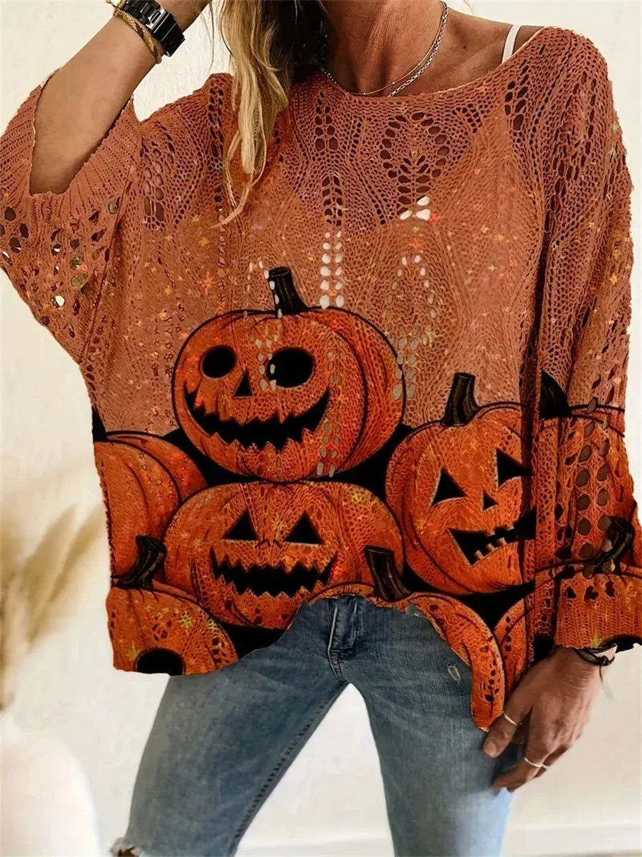 Women's Halloween Long Sleeve Pumpkin Bat Hollow out Knit Top