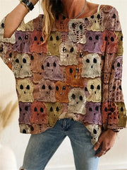 Women's Halloween Long Sleeve Pumpkin Bat Hollow out Knit Top