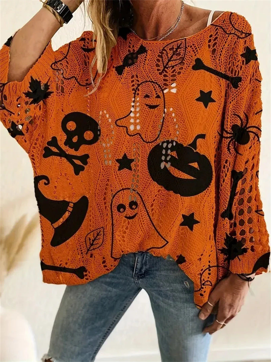 Women's Halloween Long Sleeve Pumpkin Bat Hollow out Knit Top