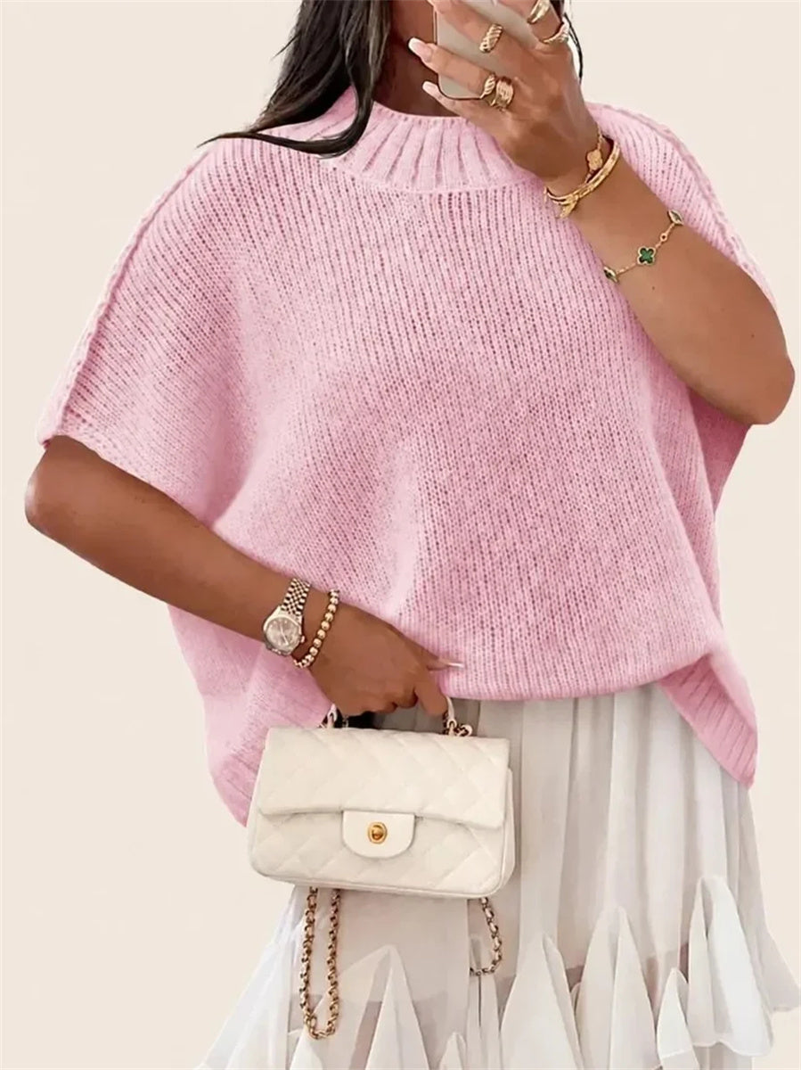 Women's Mock Neck Batwing Short Sleeve Knit Top