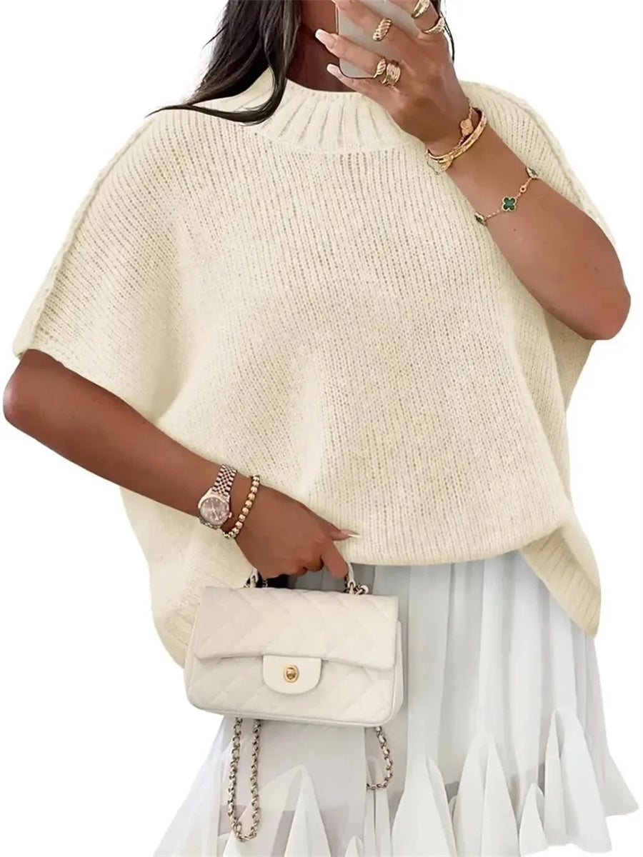 Women's Mock Neck Batwing Short Sleeve Knit Top