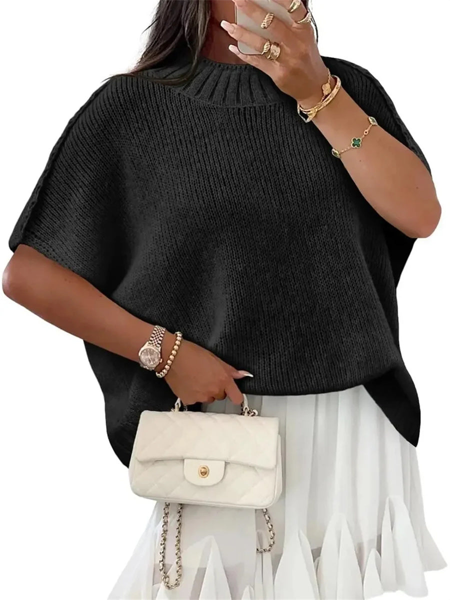 Women's Mock Neck Batwing Short Sleeve Knit Top