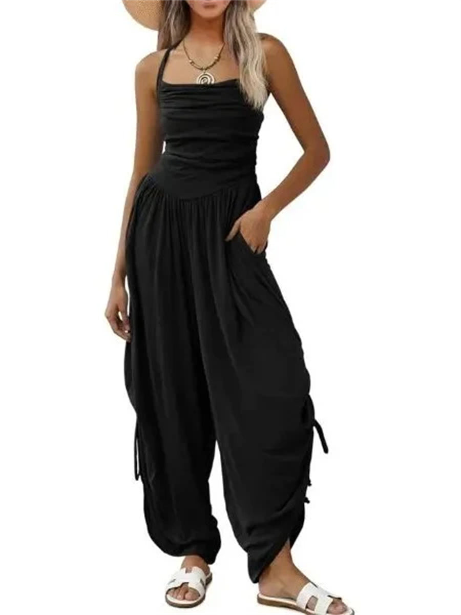 Women's Halter Ruched Wide Leg Jumpsuit