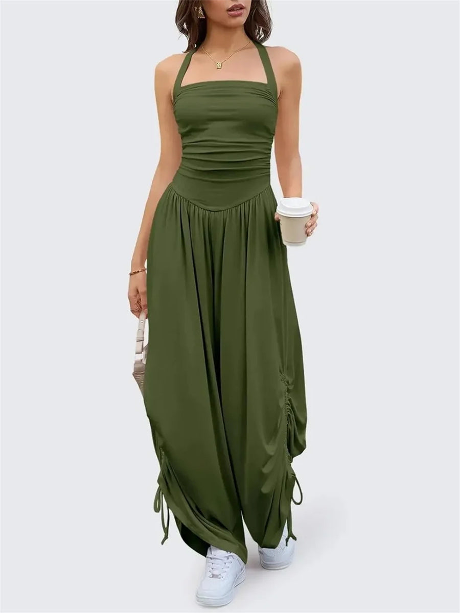 Women's Halter Ruched Wide Leg Jumpsuit