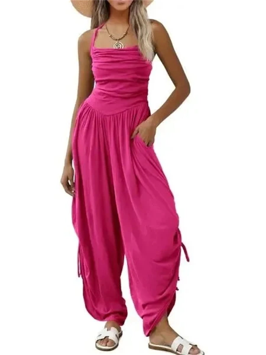 Women's Halter Ruched Wide Leg Jumpsuit