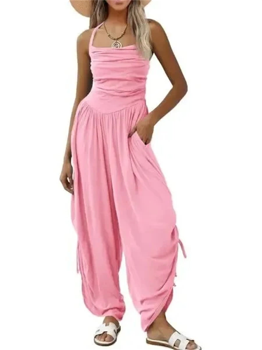 Women's Halter Ruched Wide Leg Jumpsuit