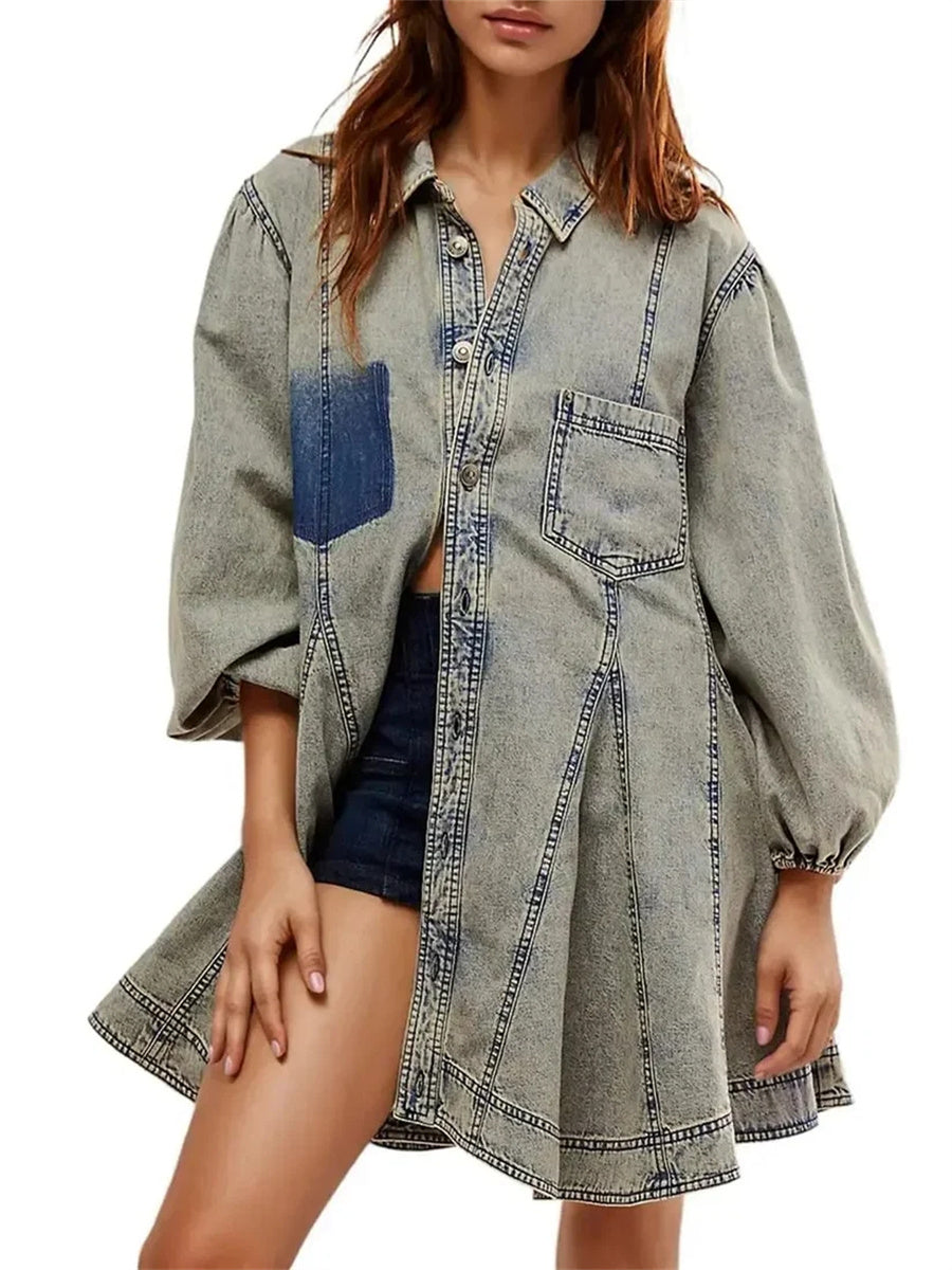 Women's Vintage Puff Long Sleeve Button Front Shirt Mini Dress