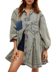 Women's Vintage Puff Long Sleeve Button Front Shirt Mini Dress