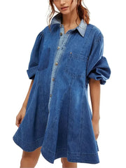 Women's Vintage Puff Long Sleeve Button Front Shirt Mini Dress