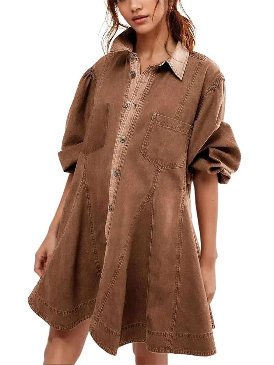Women's Vintage Puff Long Sleeve Button Front Shirt Mini Dress