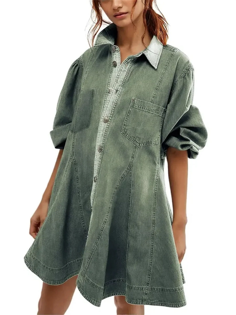 Women's Vintage Puff Long Sleeve Button Front Shirt Mini Dress