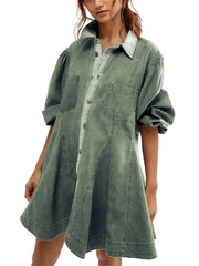 Women's Vintage Puff Long Sleeve Button Front Shirt Mini Dress