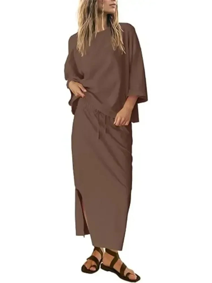 Women's Casual Loose 3/4 Sleeve Top Maxi Skirt 2?Piece Outfit
