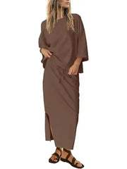 Women's Casual Loose 3/4 Sleeve Top Maxi Skirt 2?Piece Outfit