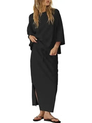 Women's Casual Loose 3/4 Sleeve Top Maxi Skirt 2?Piece Outfit