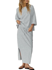 Women's Casual Loose 3/4 Sleeve Top Maxi Skirt 2?Piece Outfit
