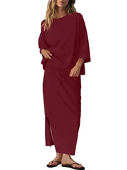 Women's Casual Loose 3/4 Sleeve Top Maxi Skirt 2?Piece Outfit