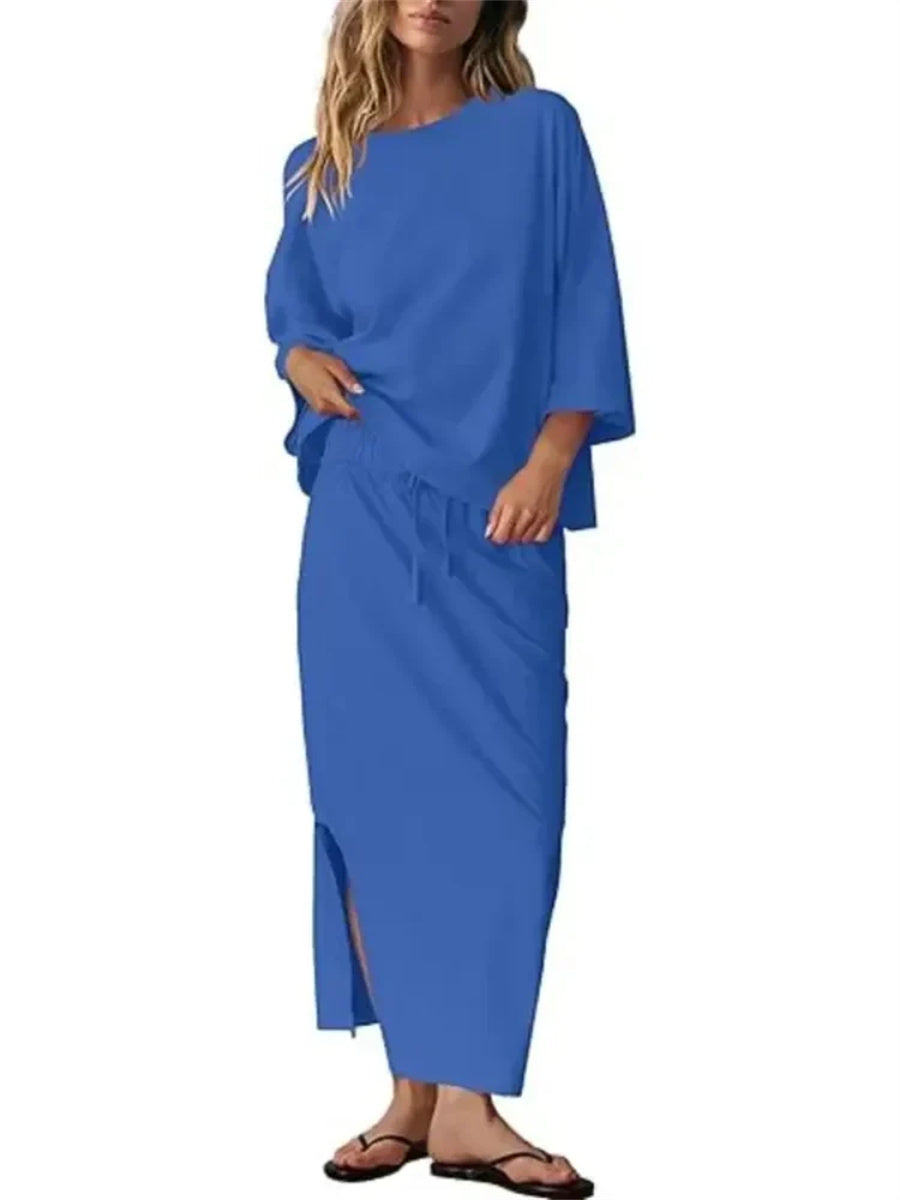 Women's Casual Loose 3/4 Sleeve Top Maxi Skirt 2?Piece Outfit