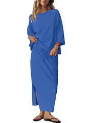 Women's Casual Loose 3/4 Sleeve Top Maxi Skirt 2?Piece Outfit