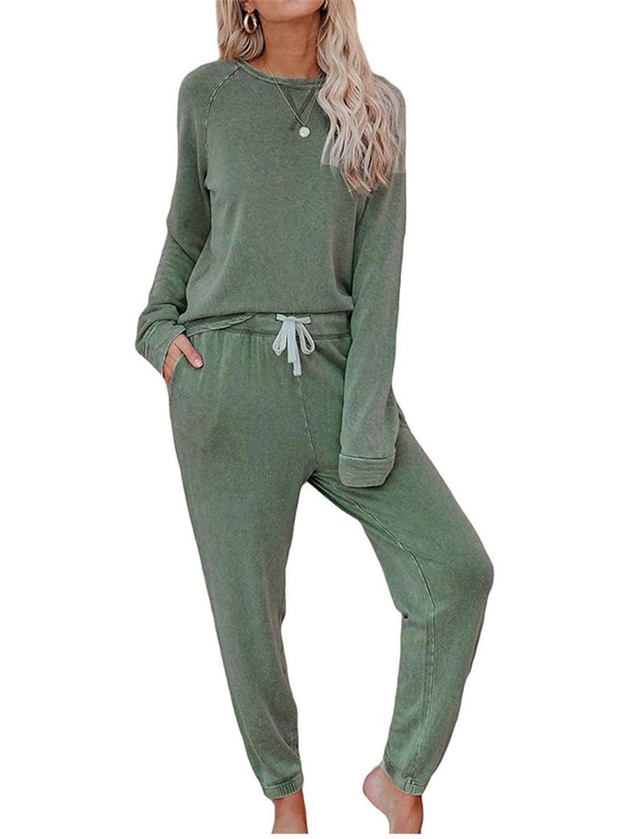 Women's Casual Long Sleeved Top And Drawstring Jogger Loungewear Two Piece Suit