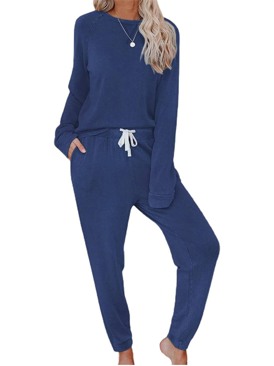 Women's Casual Long Sleeved Top And Drawstring Jogger Loungewear Two Piece Suit