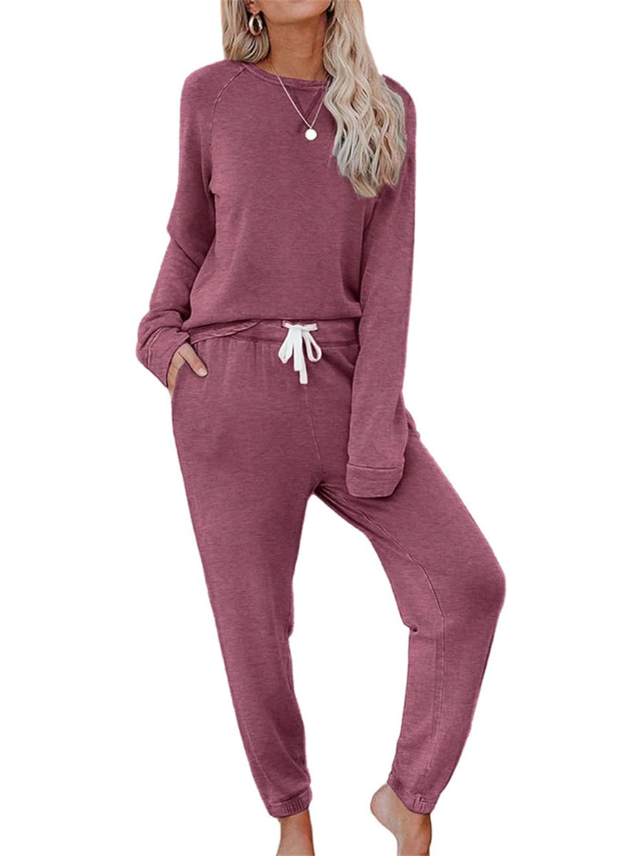 Women's Casual Long Sleeved Top And Drawstring Jogger Loungewear Two Piece Suit