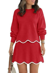 Women's Long Sleeve Scalloped Trim Knit 2 Piece Skirt Set