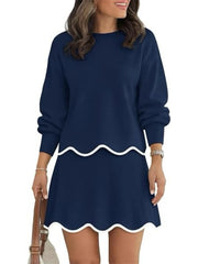Women's Long Sleeve Scalloped Trim Knit 2 Piece Skirt Set