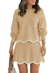Women's Long Sleeve Scalloped Trim Knit 2 Piece Skirt Set