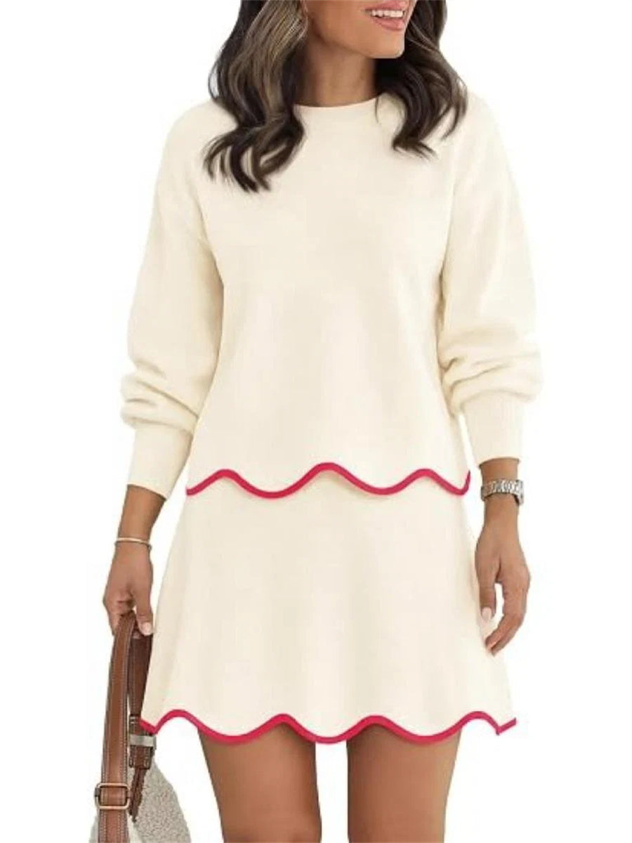 Women's Long Sleeve Scalloped Trim Knit 2 Piece Skirt Set
