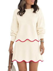 Women's Long Sleeve Scalloped Trim Knit 2 Piece Skirt Set