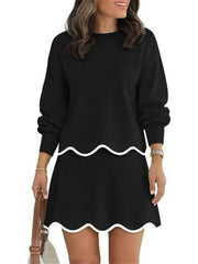 Women's Long Sleeve Scalloped Trim Knit 2 Piece Skirt Set