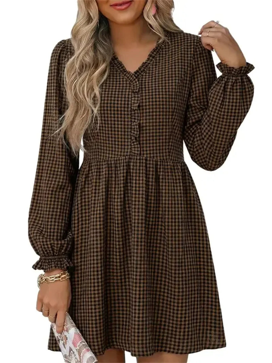 Women's Frill V Neck Plaid Long Sleeve Mini Dress