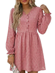 Women's Frill V Neck Plaid Long Sleeve Mini Dress