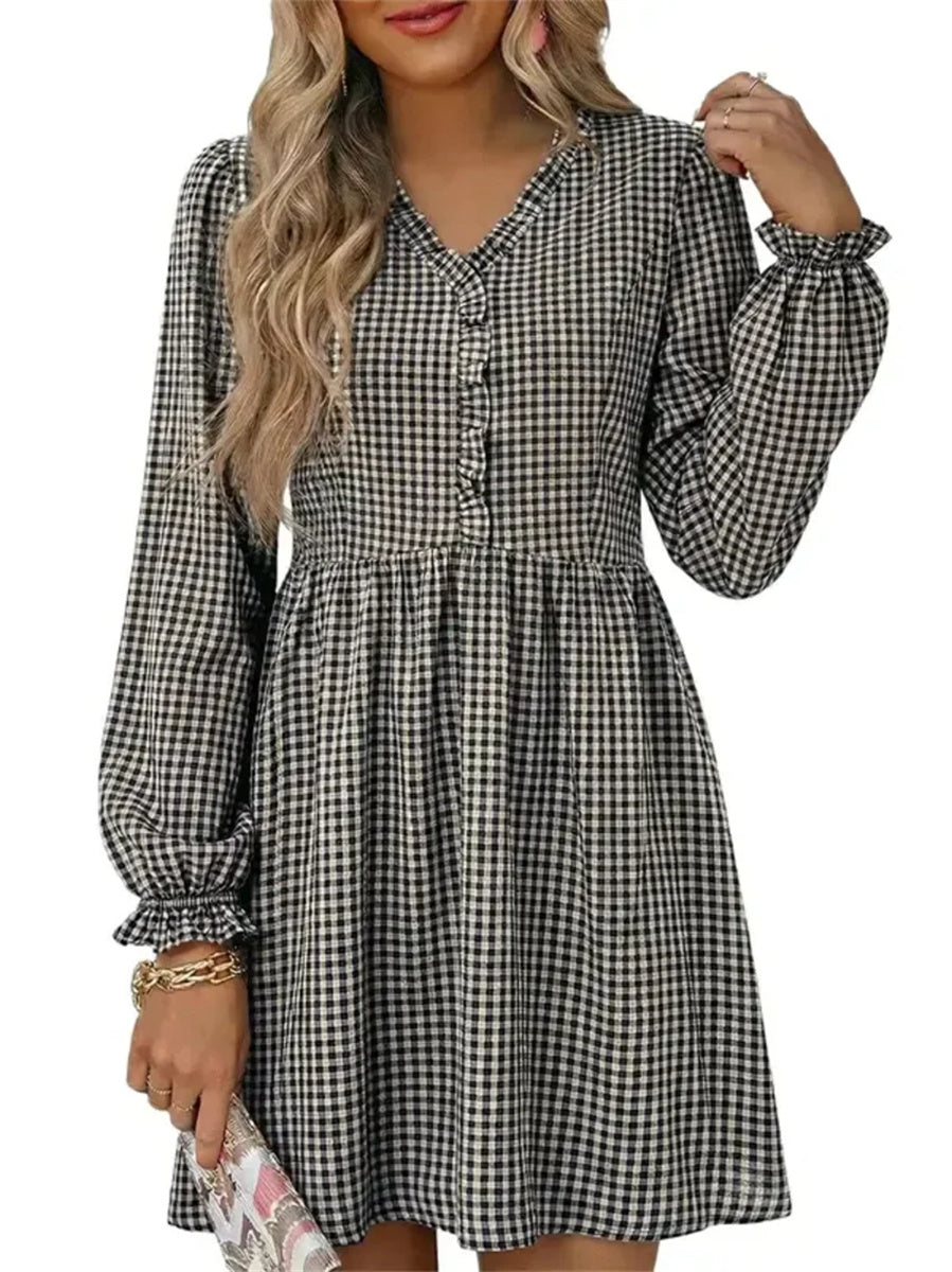 Women's Frill V Neck Plaid Long Sleeve Mini Dress