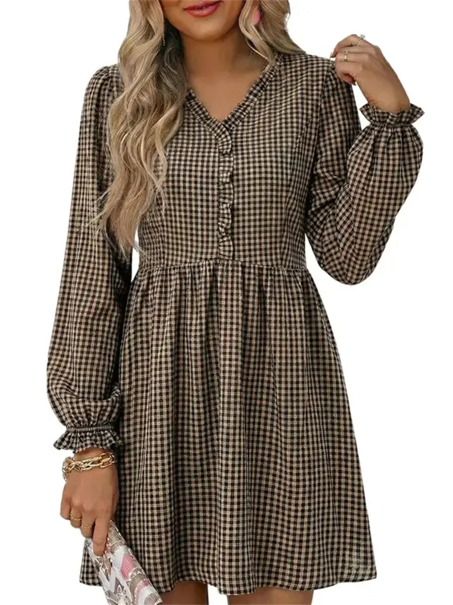 Women's Frill V Neck Plaid Long Sleeve Mini Dress