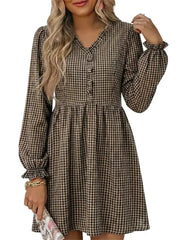 Women's Frill V Neck Plaid Long Sleeve Mini Dress
