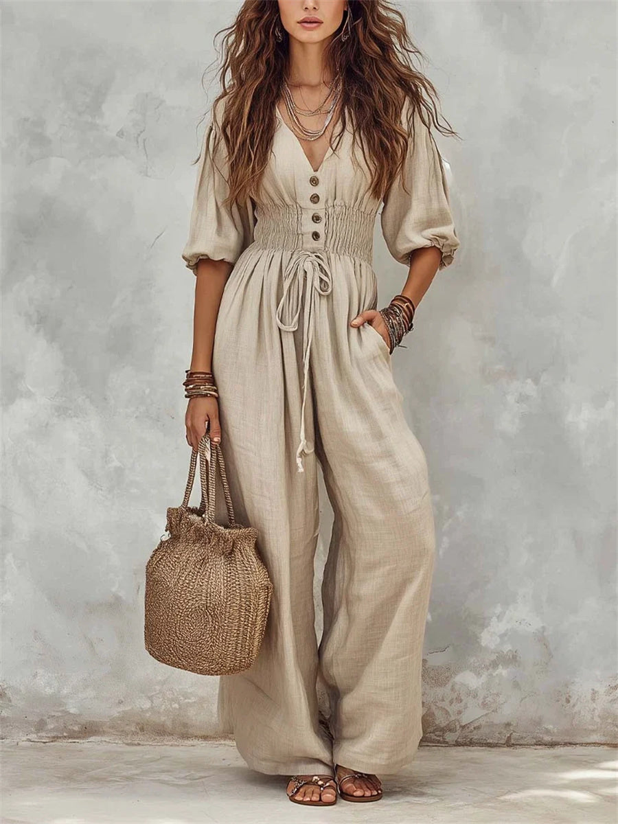 Women's Bohemian V-Neck Half Sleeve Pocket Loose Fit Jumpsuit