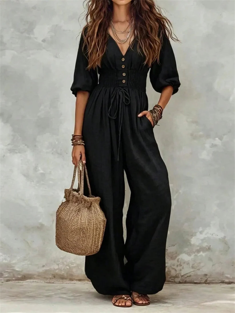 Women's Bohemian V-Neck Half Sleeve Pocket Loose Fit Jumpsuit