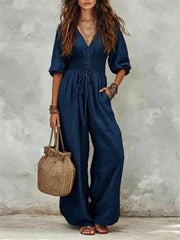 Women's Bohemian V-Neck Half Sleeve Pocket Loose Fit Jumpsuit