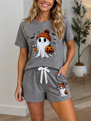 Women's Halloween Ghost Print Round Neck Tee & Shorts 2 Piece Pajama Set