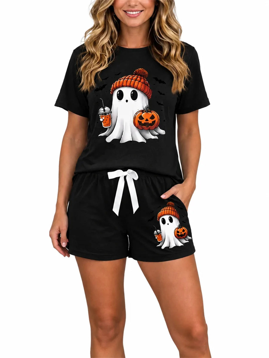 Women's Halloween Ghost Print Round Neck Tee & Shorts 2 Piece Pajama Set