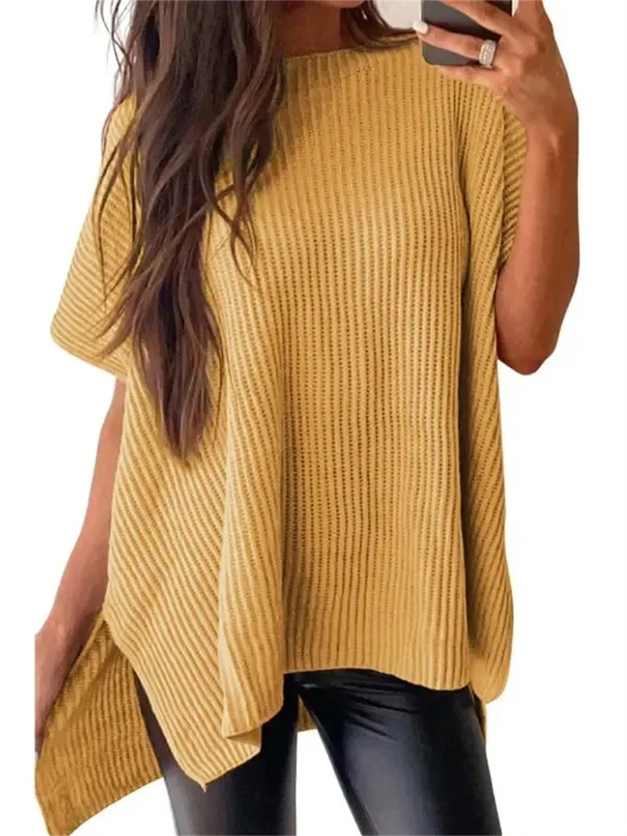 Women's Round Neck Batwing Sleeve Side Slit Oversized Knit Top