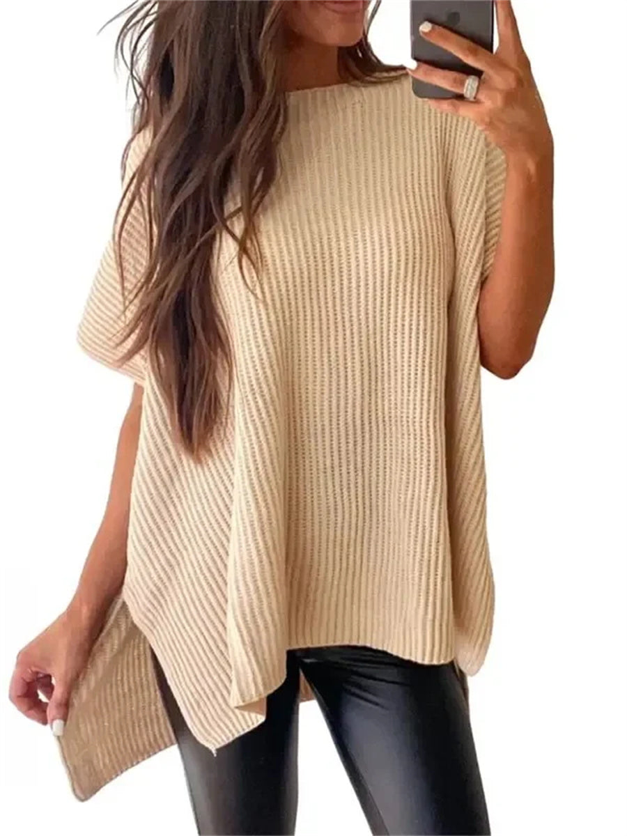 Women's Round Neck Batwing Sleeve Side Slit Oversized Knit Top